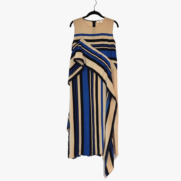 Diane Von Furstenberg DVF Borel Stripe Silk Shift Dress Size 2 Beige Blue Resort - Picture 11 of 16